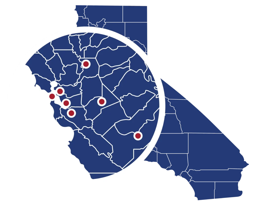 california map with areas served pinpointed